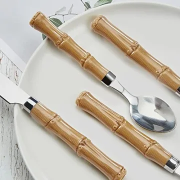 Bamboo Silverware set, Hoften Bamboo Utensils Set for 4, 20 Piece Bamboo Flatware Set, Great for Outdoor, Daily Use and Party, 20 Piece Stainless Steel Silverware Set Service for 4, Dishwasher Safe