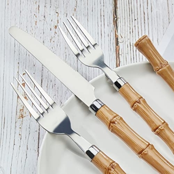Bamboo Silverware set, Hoften Bamboo Utensils Set for 4, 20 Piece Bamboo Flatware Set, Great for Outdoor, Daily Use and Party, 20 Piece Stainless Steel Silverware Set Service for 4, Dishwasher Safe