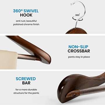 ZOBER High-Grade Wide Shoulder Wooden Hangers 6 Pack for Closet, Non Slip Pants Bar, Holds Upto 20lbs, 360° Swivel Hook