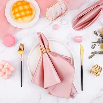 MCEAST Satin Cloth Napkins and Napkin Rings Set of 8, Smooth Fabric Table Napkins and Napkin Holder for Wedding, Birthday Dinner Party, Family Gatherings, Table Decor (Rose Gold, 17 x 17 Inches)