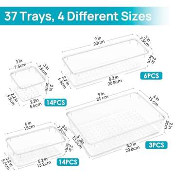 Vtopmart 37 PCS Clear Plastic Drawer Organizers Set, 4-Size Versatile Bathroom and Vanity Drawer Organizer Trays, Storage Bins for Makeup, Jewelries, Kitchen Utensils and Office