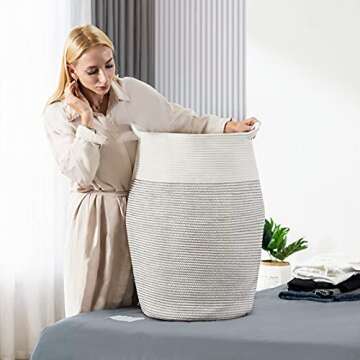 Cotton Rope Laundry Hamper by YOUDENOVA, 105L - Woven Collapsible Laundry Basket - Clothes Storage Basket for Blankets, Laundry Room Organizing, Bedroom Storage, Clothes Hamper – Light Grey