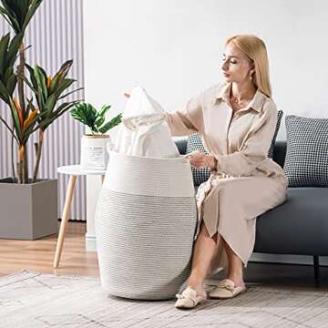 Cotton Rope Laundry Hamper by YOUDENOVA, 105L - Woven Collapsible Laundry Basket - Clothes Storage Basket for Blankets, Laundry Room Organizing, Bedroom Storage, Clothes Hamper – Light Grey