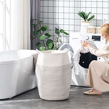Cotton Rope Laundry Hamper by YOUDENOVA, 105L - Woven Collapsible Laundry Basket - Clothes Storage Basket for Blankets, Laundry Room Organizing, Bedroom Storage, Clothes Hamper – Light Grey