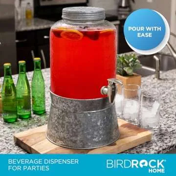 BIRDROCK HOME 2.5 Gallon Pebbled Glass Beverage Dispenser with Galvanized Stand for Parties and Gath...