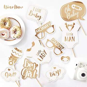 NICROHOME Baby Shower Photo Booth Props-11 Pack Baby Gender Reveal Photo Props Metal Texture Bronzing Gender Reveal Ideas Party Supplies,White Gold Baby Photo Props Birthday Party