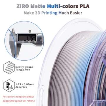 ZIRO Color Change Filament, Matte Multi Colors 3D Printer Filament, Faster Color Change by Length PLA, Dimensional Accuracy +/-0.03mm, 1KG/ 2.2lbs Spool, Fit Most FDM 3D Printer, Twilight