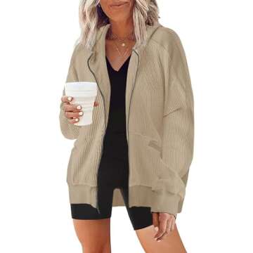 Womens Oversized Waffle Knit Tops Zip Up Hoodies Shirt Jacket Y2K Clothes Teen Girl Fall Casual Shac...