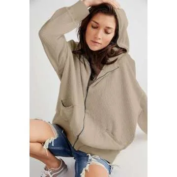 Womens Oversized Waffle Knit Tops Zip Up Hoodies Shirt Jacket Y2K Clothes Teen Girl Fall Casual Shackets with Pockets