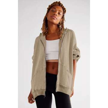 Womens Oversized Waffle Knit Tops Zip Up Hoodies Shirt Jacket Y2K Clothes Teen Girl Fall Casual Shackets with Pockets