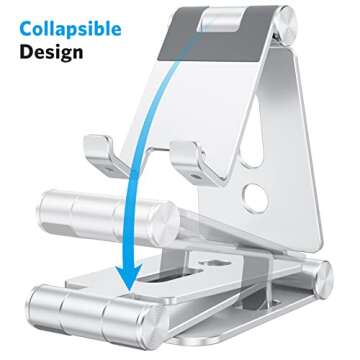 OMOTON Foldable Cell Phone Stand, C4 Portable Aluminum Phone Holder, Adjustable Phone Dock Cradle Compatible with iPhone 16/15/14/13 Pro Max, Samsung Galaxy, Small Tablets, All Smart Phones, Silver