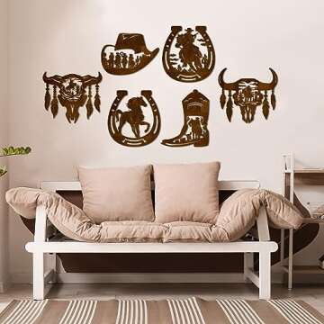 Therwen 6 Pcs Western Wall Decor Wood Wall Art Rustic Cowboy Hat Boot Saddle Deer Bear in the Forest Pine Tree Cow Decorations for Home Bedroom Kitchen(Cowboy,Brown)