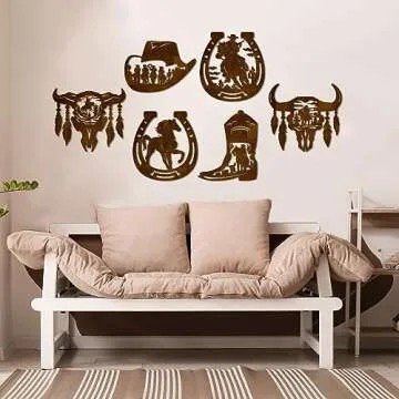 Therwen 6 Pcs Western Wall Decor Wood Wall Art Rustic Cowboy Hat Boot Saddle Deer Bear in the Forest Pine Tree Cow Decorations for Home Bedroom Kitchen(Cowboy,Brown)