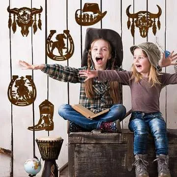 Therwen 6 Pcs Western Wall Decor Wood Wall Art Rustic Cowboy Hat Boot Saddle Deer Bear in the Forest Pine Tree Cow Decorations for Home Bedroom Kitchen(Cowboy,Brown)