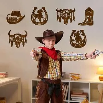 Therwen 6 Pcs Western Wall Decor Wood Wall Art Rustic Cowboy Hat Boot Saddle Deer Bear in the Forest Pine Tree Cow Decorations for Home Bedroom Kitchen(Cowboy,Brown)