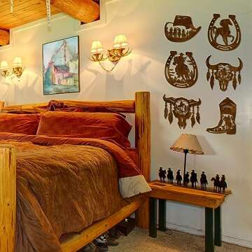 Therwen 6 Pcs Western Wall Decor Wood Wall Art Rustic Cowboy Hat Boot Saddle Deer Bear in the Forest Pine Tree Cow Decorations for Home Bedroom Kitchen(Cowboy,Brown)