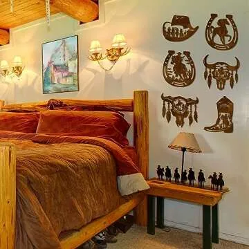 Therwen 6 Pcs Western Wall Decor Wood Wall Art Rustic Cowboy Hat Boot Saddle Deer Bear in the Forest Pine Tree Cow Decorations for Home Bedroom Kitchen(Cowboy,Brown)