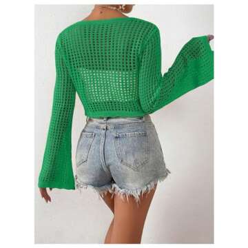 SHENHE Women's Tie Front Tops Bell Long Sleeve Knit Crochet Cardigan Crop Top Green S
