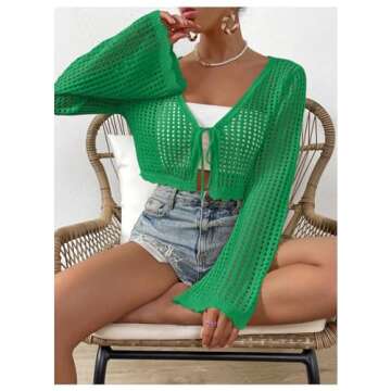 SHENHE Women's Tie Front Tops Bell Long Sleeve Knit Crochet Cardigan Crop Top Green S