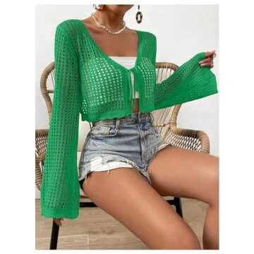 SHENHE Women's Tie Front Tops Bell Long Sleeve Knit Crochet Cardigan Crop Top Green S
