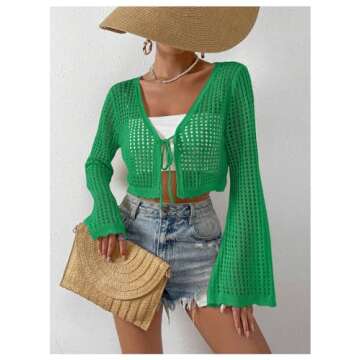 SHENHE Women's Tie Front Tops Bell Long Sleeve Knit Crochet Cardigan Crop Top Green S