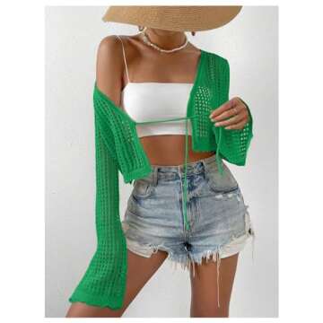 SHENHE Women's Tie Front Tops Bell Long Sleeve Knit Crochet Cardigan Crop Top Green S
