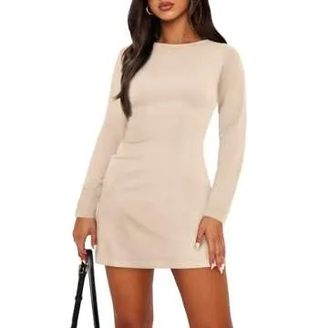 WIHOLL Fall Dresses Mini Dresses for Women Long Sleeve Boat Neck Dress Fall Winter Cute Homecoming Birthday Bodycon Dresses Y2K Little Short Dress Light Apricot M