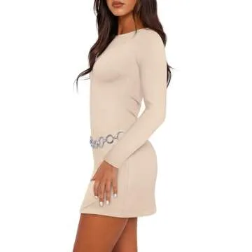 WIHOLL Fall Dresses Mini Dresses for Women Long Sleeve Boat Neck Dress Fall Winter Cute Homecoming Birthday Bodycon Dresses Y2K Little Short Dress Light Apricot M