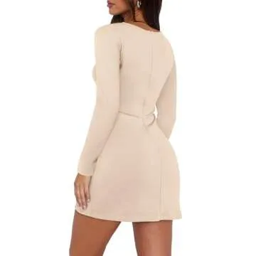 WIHOLL Fall Dresses Mini Dresses for Women Long Sleeve Boat Neck Dress Fall Winter Cute Homecoming Birthday Bodycon Dresses Y2K Little Short Dress Light Apricot M