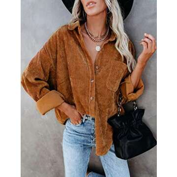 UANEO Women Corduroy Button Down Shirts Long Sleeve Boyfriend Shirt Oversized Shacket Jacket Tops (Brown-XL)