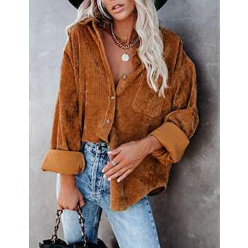 UANEO Women Corduroy Button Down Shirts Long Sleeve Boyfriend Shirt Oversized Shacket Jacket Tops (Brown-XL)