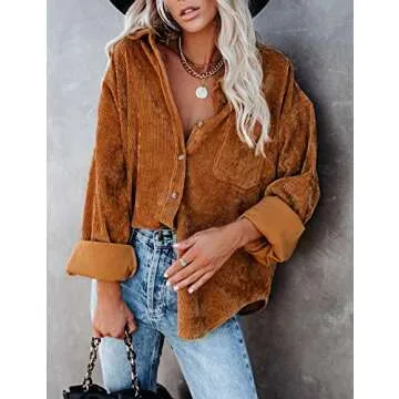 UANEO Women Corduroy Button Down Shirts Long Sleeve Boyfriend Shirt Oversized Shacket Jacket Tops (Brown-XL)