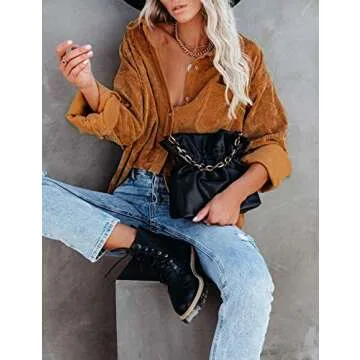UANEO Women Corduroy Button Down Shirts Long Sleeve Boyfriend Shirt Oversized Shacket Jacket Tops (Brown-XL)