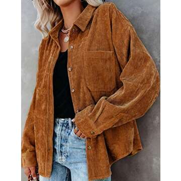 UANEO Women Corduroy Button Down Shirts Long Sleeve Boyfriend Shirt Oversized Shacket Jacket Tops (Brown-XL)