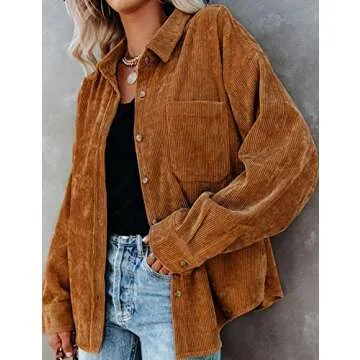 UANEO Women Corduroy Button Down Shirts Long Sleeve Boyfriend Shirt Oversized Shacket Jacket Tops (Brown-XL)