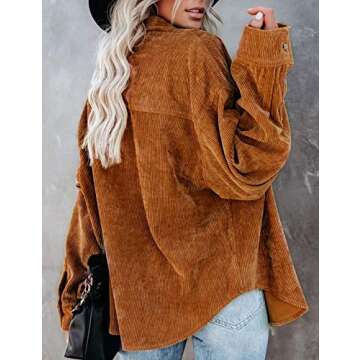 UANEO Women Corduroy Button Down Shirts Long Sleeve Boyfriend Shirt Oversized Shacket Jacket Tops (Brown-XL)