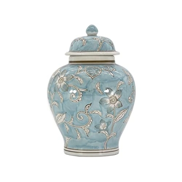 Galt International Light Blue and White Flower Chinoiserie Jar 12" w/Lid - Ginger Jar, Tea Storage, ...