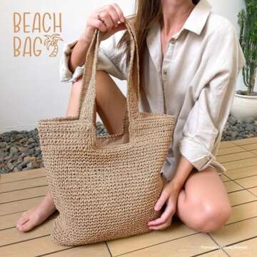 hatisan Straw Beach Bag for Women Summer Woven Beach Tote Bag Shoulder Handbags Boho Bag (Khaki)