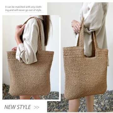 hatisan Straw Beach Bag for Women Summer Woven Beach Tote Bag Shoulder Handbags Boho Bag (Khaki)