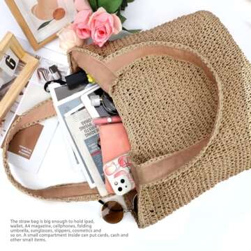 hatisan Straw Beach Bag for Women Summer Woven Beach Tote Bag Shoulder Handbags Boho Bag (Khaki)