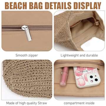 hatisan Straw Beach Bag for Women Summer Woven Beach Tote Bag Shoulder Handbags Boho Bag (Khaki)