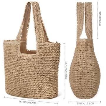 hatisan Straw Beach Bag for Women Summer Woven Beach Tote Bag Shoulder Handbags Boho Bag (Khaki)