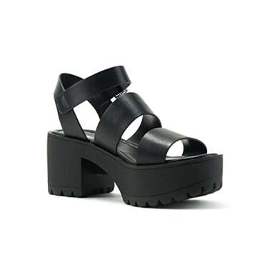 Soda ACCOUNT ~ Women Open Toe Two Bands Lug sole Fashion Heel Sandals with Adjustable Ankle Strap (Black, numeric_9)