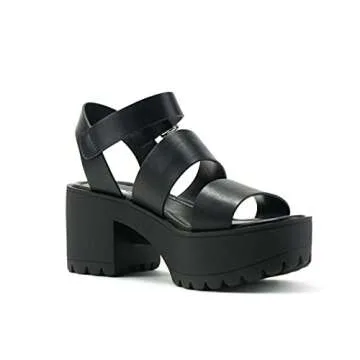 Soda ACCOUNT ~ Women Open Toe Two Bands Lug sole Fashion Heel Sandals with Adjustable Ankle Strap (Black, numeric_9)