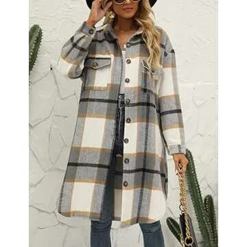 Omoone Women's Flannel Plaid Shacket Fall Oversized Long Button Down Shirt Jacket Shackets(Light Gre...