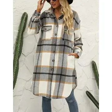 Omoone Women's Flannel Plaid Shacket Fall Oversized Long Button Down Shirt Jacket Shackets(Light Grey-S)