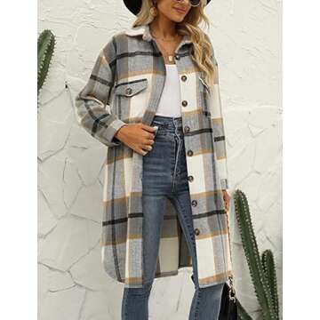 Omoone Women's Flannel Plaid Shacket Fall Oversized Long Button Down Shirt Jacket Shackets(Light Grey-S)
