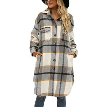 Omoone Women's Flannel Plaid Shacket Fall Oversized Long Button Down Shirt Jacket Shackets(Light Grey-S)