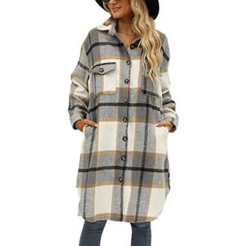Omoone Women's Flannel Plaid Shacket Fall Oversized Long Button Down Shirt Jacket Shackets(Light Grey-S)