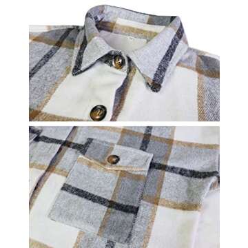 Omoone Women's Flannel Plaid Shacket Fall Oversized Long Button Down Shirt Jacket Shackets(Light Grey-S)